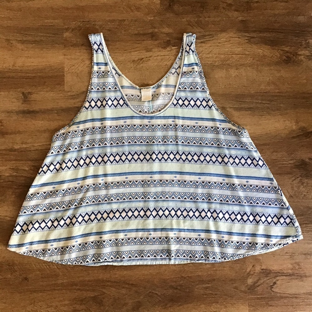 FREE Press Tank Top Size L Tribal Boho Print Soft Knit Blue White Black